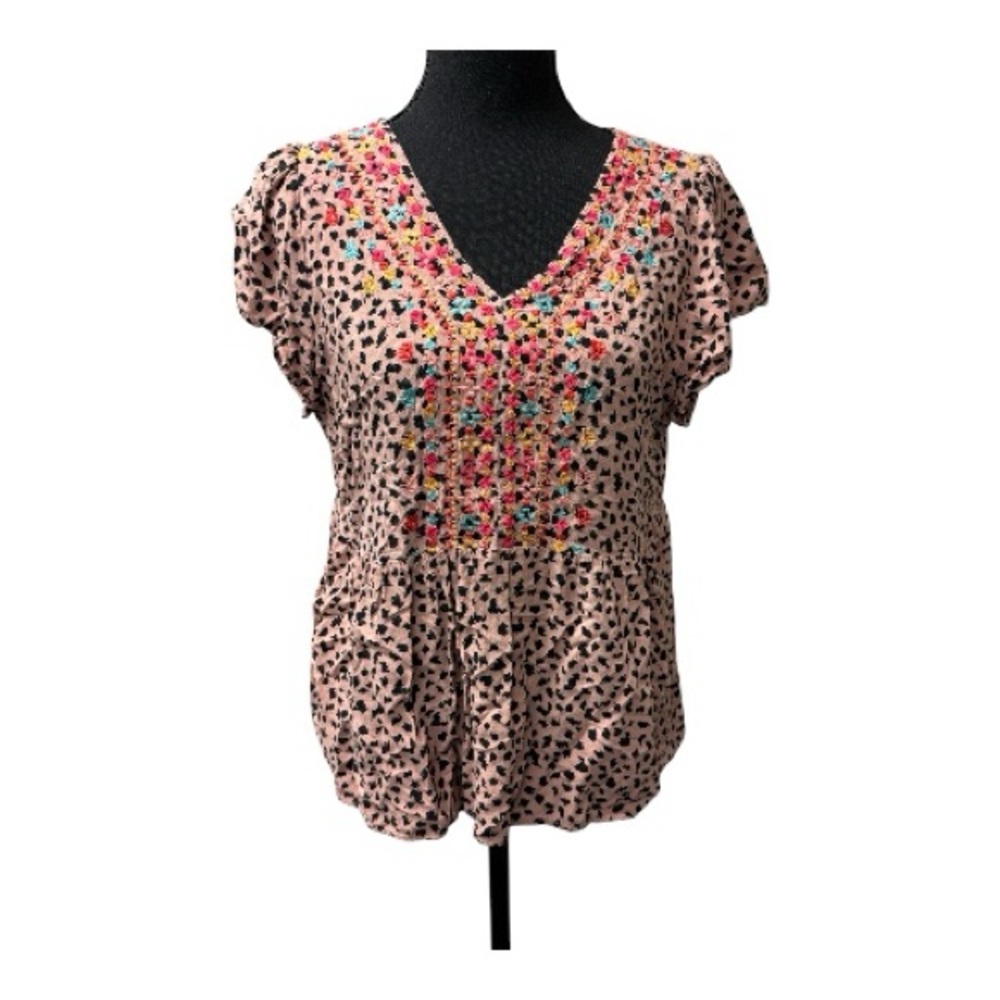 Savannah Jane Embroidered Leopard Boho Top Large Pink Short Sleeve Blouse